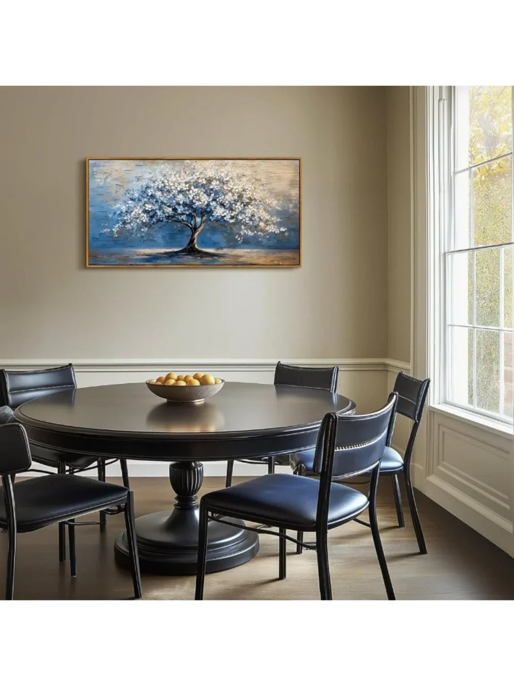 Large Framed Tree of Life Wall Art - Blue Abstract Cherry Blossom Decor 20x40